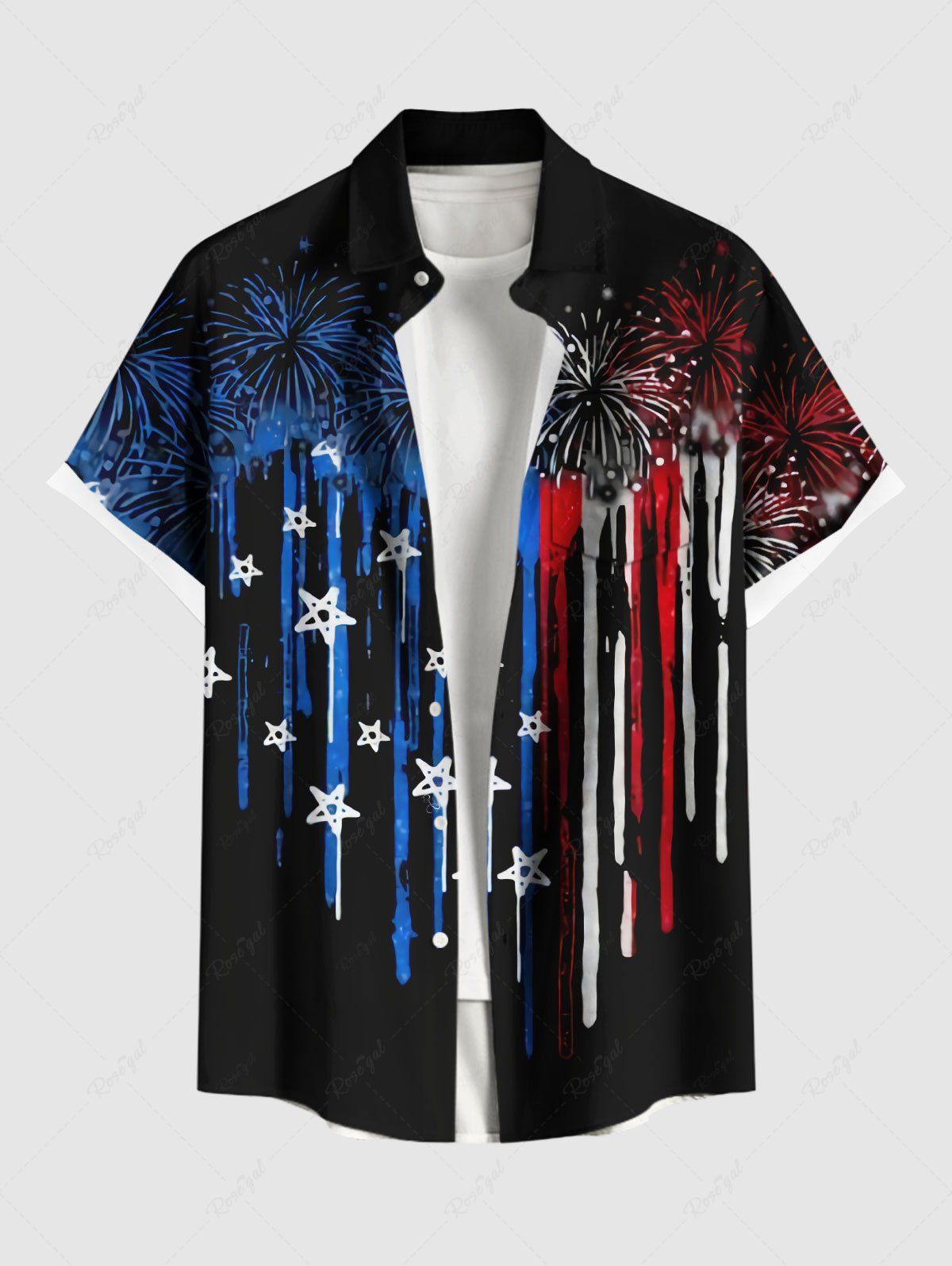Online Plus Size Fireworks Patriotic American Flag Paint Drop Print Hawaii Button Pocket Shirt For Men  