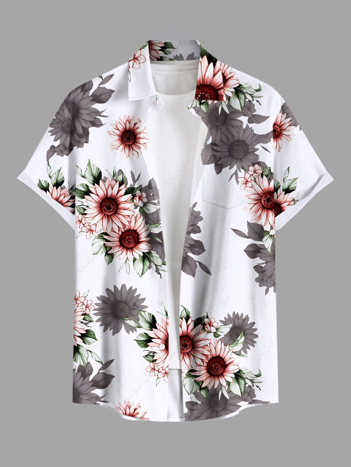 Outfit Plus Size Sunflower Leaves Print Hawaii Button Pocket Shirt For Men  