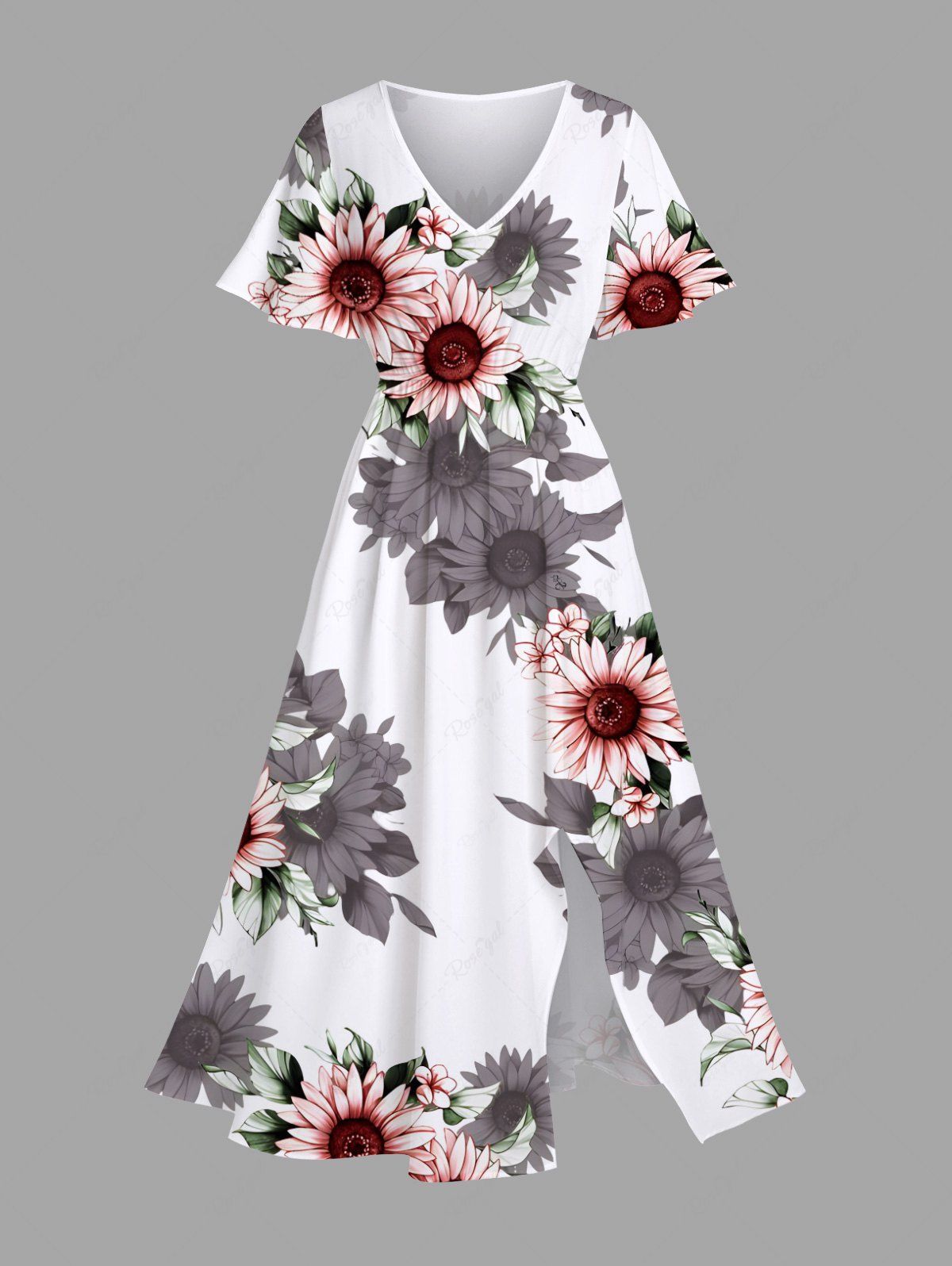 Trendy Plus Size Sunflower Leaves Print Hawaii Split Pocket A Line Midi Dress  