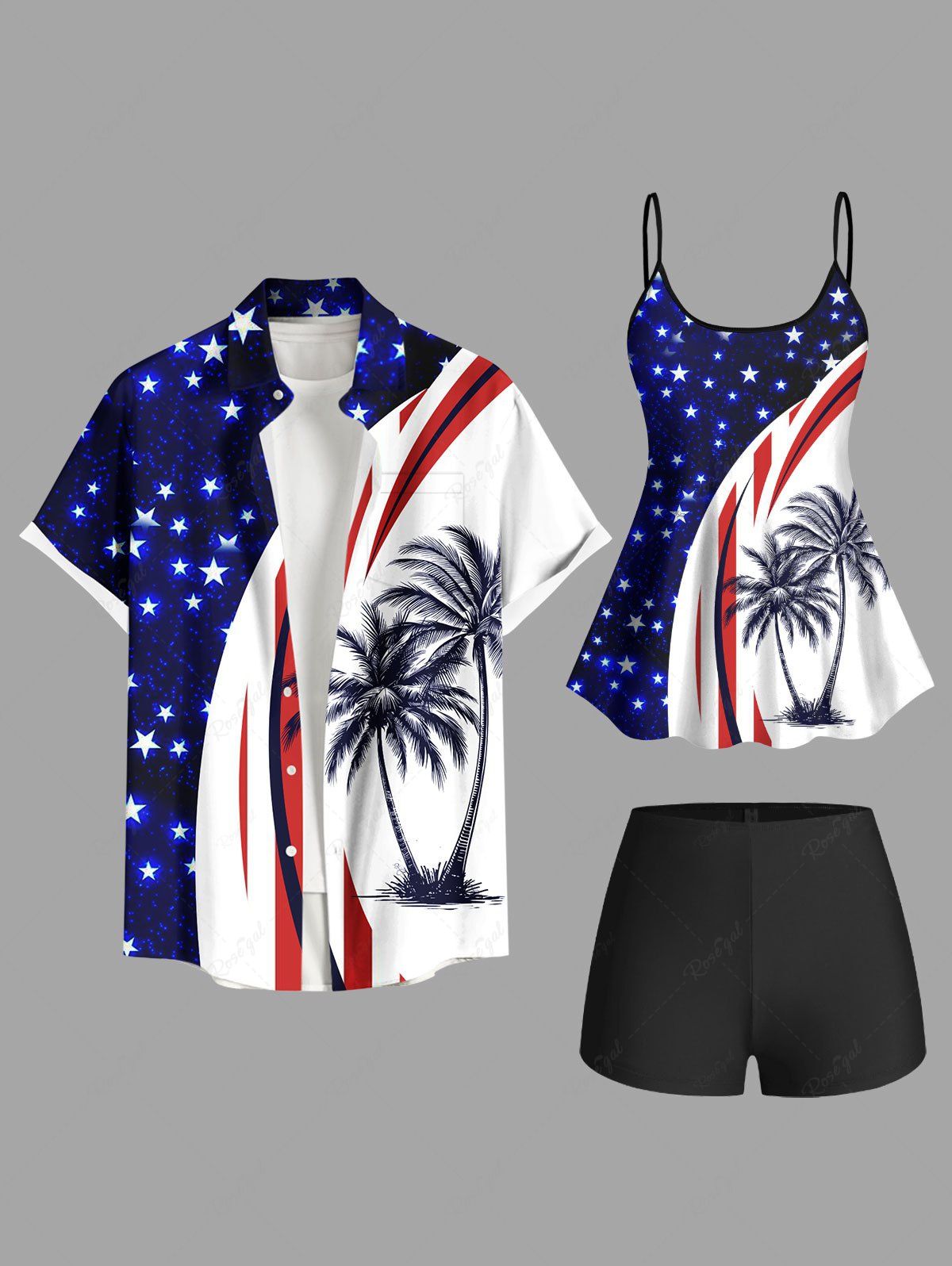 Maillot de bain grande taille à imprimé drapeau américain patriotique et cocotier, tenue de plage hawaïenne assortie pour couples Bleu 