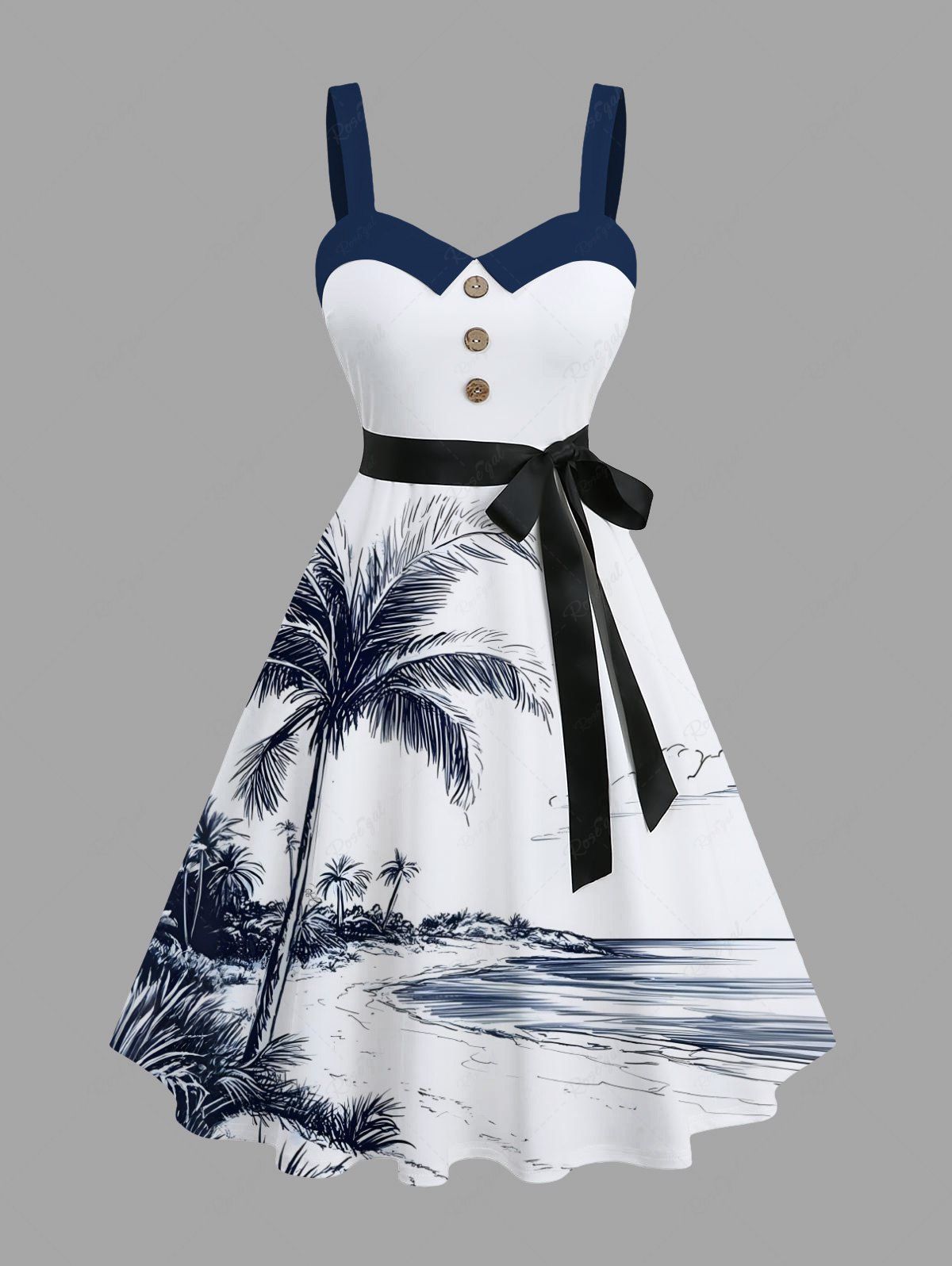 Sale Plus Size Coconut Tree Sea Beach Print Hawaii Button A Line Tank Dress with Removable Belt  