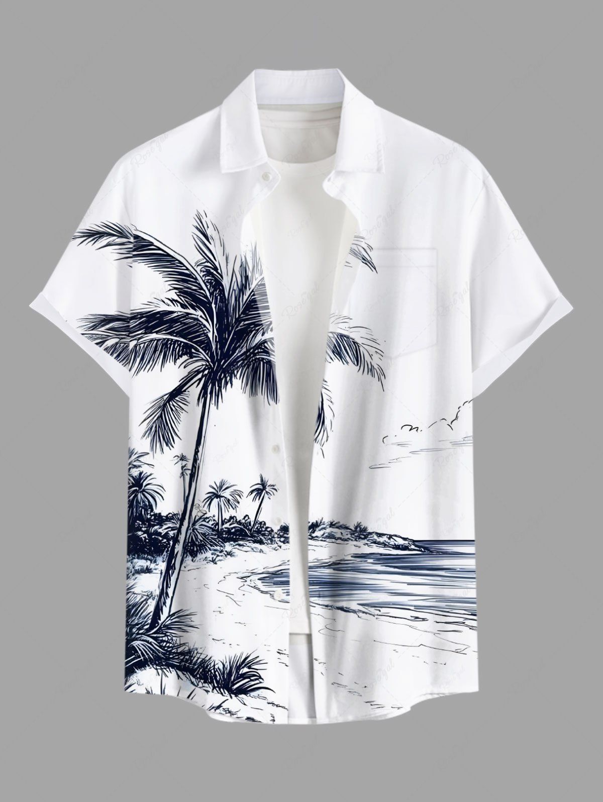 Discount Plus Size Coconut Tree Sea Beach Print Hawaii Button Pocket Shirt For Men  