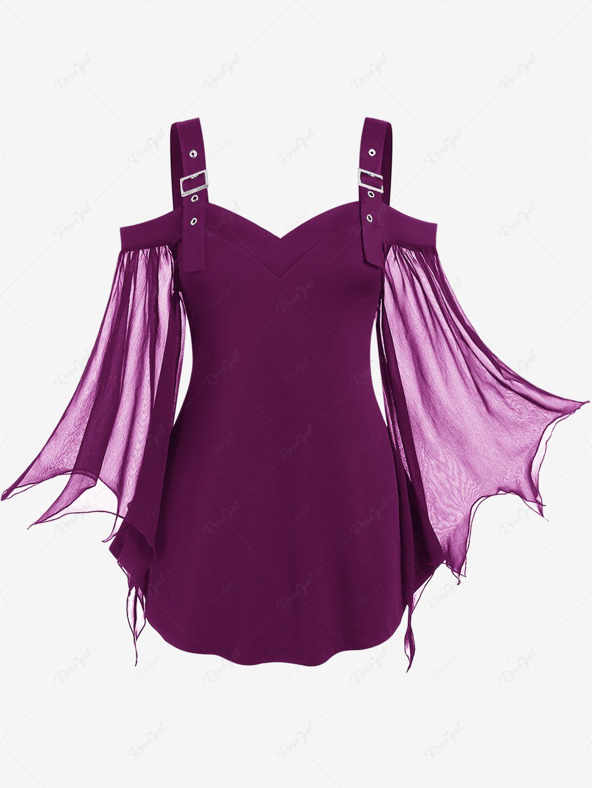 Sale Plus Size Cold Shoulder Buckle Straps Mesh Bell Sleeve Top  