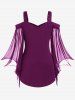 Plus Size Cold Shoulder Buckle Straps Mesh Bell Sleeve Top -  