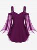 Plus Size Cold Shoulder Buckle Straps Mesh Bell Sleeve Top -  