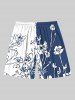 Plus Size Floral Contrast Colorblock Print Hawaii Drawstring Beach Shorts For Men -  