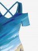 Robe longue trapèze à imprimé plage et cocotiers grande taille, style hawaïen, épaules dénudées et croisée - Bleu L