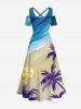 Robe longue trapèze à imprimé plage et cocotiers grande taille, style hawaïen, épaules dénudées et croisée - Bleu L