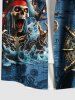 Chemise grande taille à imprimé tête de mort, pirate, vagues, voilier, croisière hawaïenne, ombrée, boutonnée et poche pour homme - Bleu profond 5XL