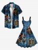 Robe débardeur trapèze grande taille à imprimé tête de mort, pirate, vagues, voilier, croisière hawaïenne, ombrée - Bleu 1X