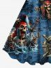 Robe débardeur trapèze grande taille à imprimé tête de mort, pirate, vagues, voilier, croisière hawaïenne, ombrée - Bleu 1X