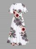 Plus Size Sunflower Leaves Print Hawaii Split Pocket A Line Midi Dress -  