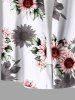 Plus Size Sunflower Leaves Print Hawaii Button Pocket Shirt For Men -  