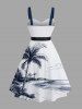 Plus Size Coconut Tree Sea Beach Print Hawaii Button A Line Tank Dress with Removable Belt -  