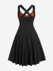 Gothic Crisscross Skull Lace Midi Flare Dress -  