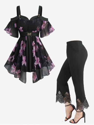 Flowers Print Chiffon Asymmetrical Cold Shoulder Blouse and Scalloped Tassel Flare Pants Plus Size Outfit - BLACK