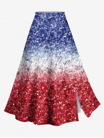 Plus Size Patriotic American Flag Colorblock Sparkling Sequin 3D Print Split Skirt - RED - M