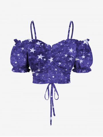 Plus Size Patriotic American Flag Print Cinched Ruffles Ruched Cold Shoulder Cami Top - PURPLE - 4X