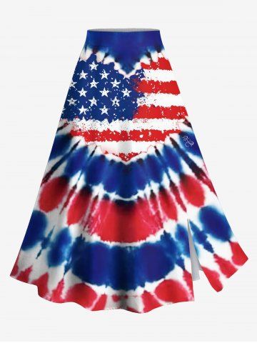 Plus Size Patriotic American Flag Tie Dye Heart Print Split Skirt - BLUE - M