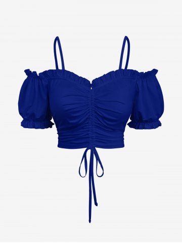 Plus Size Cinched Ruffles Ruched Cold Shoulder Cami Top - BLUE - S