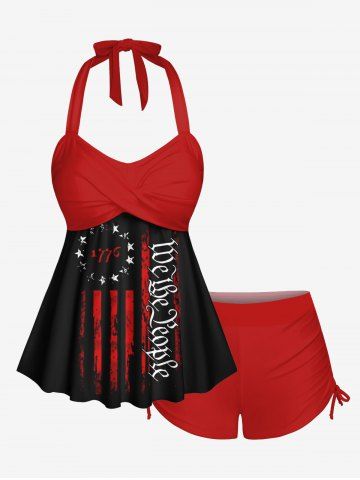 Plus Size Patriotic American Flag Print Halter Twist Cinched Tankini Swimsuit - RED - 4X