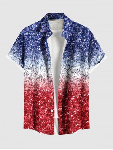 Plus Size Patriotic American Flag Sparkling Sequin 3D Print Buttons Pocket Shirt For Men - RED - 2XL
