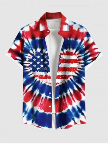 Plus Size Patriotic American Flag Tie Dye Heart Print Buttons Pocket Shirt For Men - RED - XL