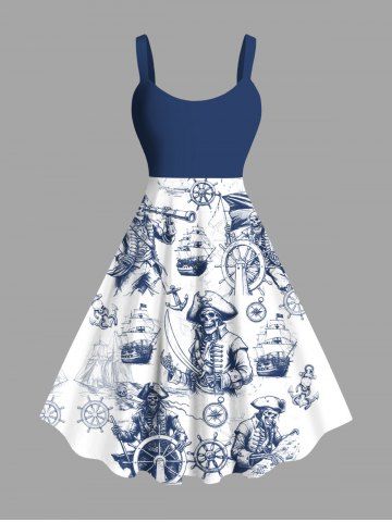 Plus Size Skull Pirate Ship Rudder Anchor Cruise Print Hawaii Tank Dress - WHITE - 1X