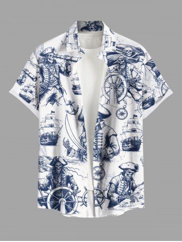 Plus Size Skull Pirate Ship Rudder Anchor Cruise Print Buttons Pocket Hawaii Shirt For Men - BLUE - 2XL