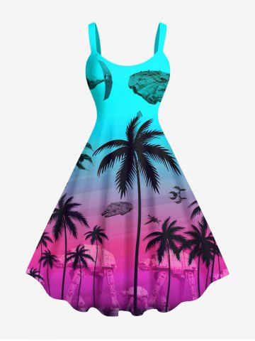 Plus Size Coconut Tree Fighter Arms Ombre Print Hawaii Tank Dress - RED - 4X