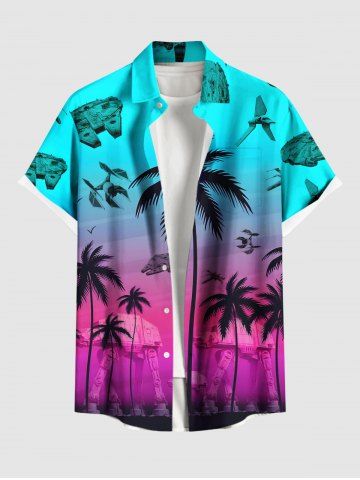 Plus Size Coconut Tree Fighter Arms Print Buttons Pocket Hawaii Shirt For Men - BLUE - 6XL