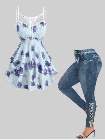 Rose Flower Tie Dye Graphic Lace Up Cut Out Ruffles Top and Distressed Ombre Denim Print Leggings Plus Size Outfit