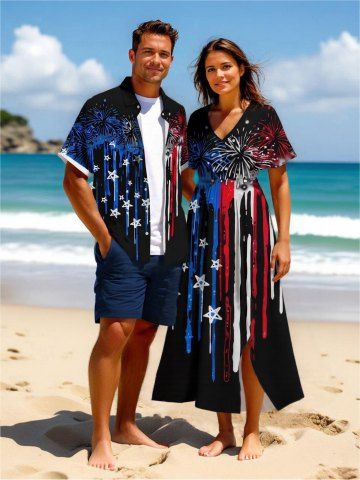 Fireworks Patriotic American Flag Paint Drop Print Plus Size Matching Hawaii Beach Outfit For Couples