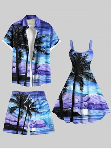 Coconut Tree Sun Abstract Painting Print Plus Size Matching Hawaii Beach Outfit For Couples - BLUE