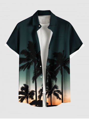 Plus Size Coconut Tree Ombre Galaxy Print Hawaii Button Pocket Shirt For Men - BLACK - 2XL