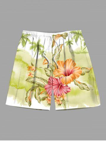 Plus Size Coconut Tree Tropical Leaf Hibiscus Flowers Print Hawaii Beach Shorts For Men - GREEN - 2XL