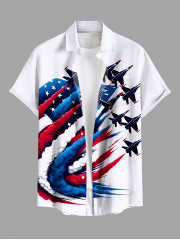 Plus Size Patriotic American Flag Plane Print Button Pocket Shirt For Men - WHITE - S