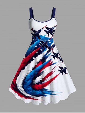 Plus Size Patriotic American Flag Plane Print A Line Tank Dress - WHITE - XS