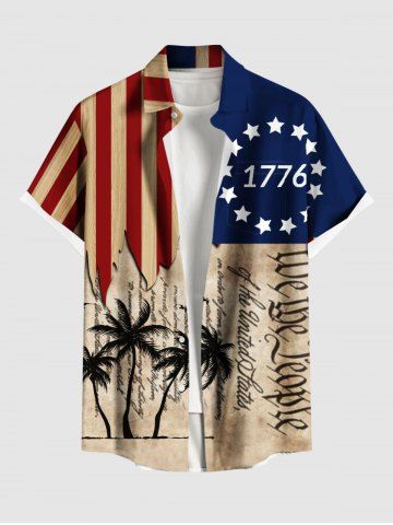 Plus Size Patriotic American Flag Coconut Tree Distressed Newspaper Print Hawaii Button Pocket Shirt For Men