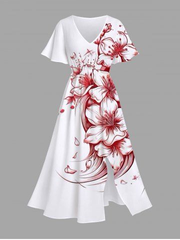 Plus Size Flower Sea Waves Print Hawaii Split Pocket A Line Midi Dress - WHITE - 4X