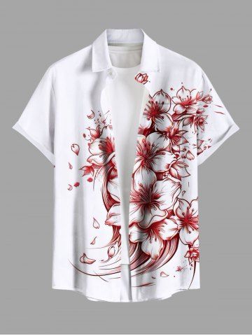 Plus Size Flower Sea Waves Print Hawaii Button Pocket Shirt For Men - WHITE - S