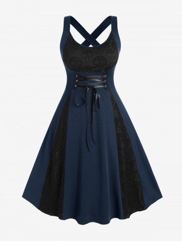 Robe midi évasée en dentelle gothique à motif tête de mort croisée - DEEP BLUE - 1X | US 14-16