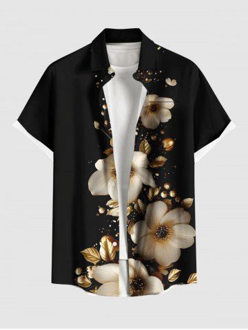 Plus Size Flower Gilding Leaf Print Hawaii Button Pocket Shirt For Men - BLACK - M
