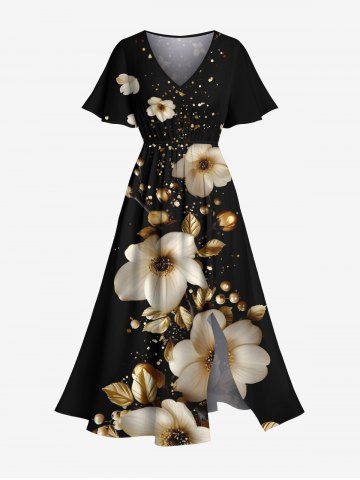 Robe midi trapèze grande taille à imprimé floral doré et feuilles hawaïennes, poches fendues. - BLACK - 2X