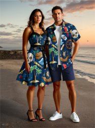 Coconut Tree Skull Pirate Parrot Sailboat Print Plus Size Matching Hawaii Cruise Beach Outfit For Couples -  
