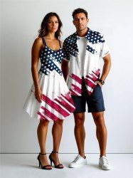 Patriotic American Flag Print Plus Size Matching Outfit For Couples -  