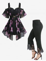 Flowers Print Chiffon Asymmetrical Cold Shoulder Blouse and Scalloped Tassel Flare Pants Plus Size Outfit -  
