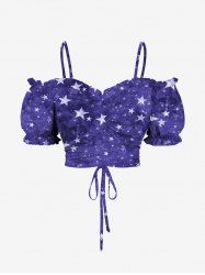 Haut caraco froncé à épaules dénudées et volants cintrés, imprimé drapeau américain patriotique, grande taille - Pourpre  XS