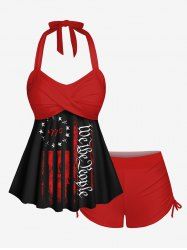 Plus Size Patriotic American Flag Print Halter Twist Cinched Tankini Swimsuit -  