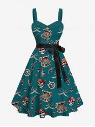 Plus Size Skull Pirate Ship Rudder Gun Knif Cruise Print Buttons Turn Down Collar Hawaii Dress With Belt -  